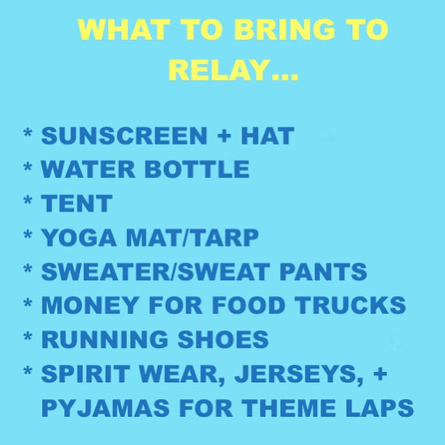rezrelay's tweet photo. Here’s a list of things you should be bringing to be prepared to relay on Friday! Don’t forget to bring any pledge envelopes with you to the registration table. https://t.co/g5X0KHKt6s