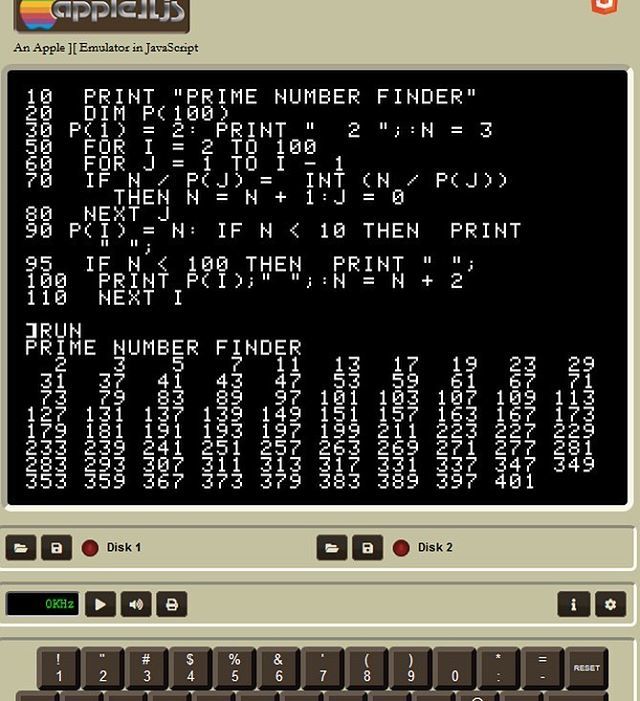 JeffWhitworth76's tweet photo. For today's retro/nerdy amusement, I wrote this prime number generator on an old Apple ][ emulator. https://t.co/KkhLSp0cbl https://t.co/MyHmTku8Jc