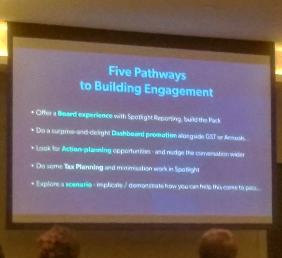 solutionsanna's tweet photo. Stuck on the 'How'?
@RFrancisWellyNZ gives the room 5 pathways to advisory engagement with @spotlightrep
#transformSR https://t.co/TFSzNWLqrJ