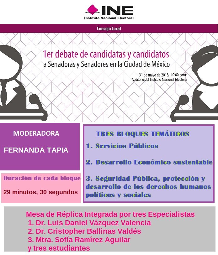 Debate Senadores @DebateCdmx MR CDMX el 31/Mayo
Intervendrán:
Especialistas <a href="/Sofia_RamirezA/">Sofia R</a> <a href="/MXvsCORRUPCION/">Mexicanos Contra la Corrupción</a>; <a href="/LDVazquezV/">Daniel Vázquez</a> <a href="/FlacsoMx/">FLACSO México</a>; <a href="/crisballinas/">Dr Cristopher Ballinas Valdés</a> <a href="/CPoliticaITAM/">CienciaPolítica ITAM</a> <a href="/CPoliticaITAM/">CienciaPolítica ITAM</a> 
Estudiantes <a href="/ximeenaaa/">Xime Canseco</a> <a href="/IBERO_mx/">IBERO CDMX</a> <a href="/UNAM_MX/">UNAM</a>; <a href="/mballesteross/">𝓜𝓲𝓻𝓲𝓪𝓶</a> <a href="/ITAM_mx/">ITAM</a>; Karina Velázquez <a href="/movimientoMIU/">MovimientoMI-U</a>