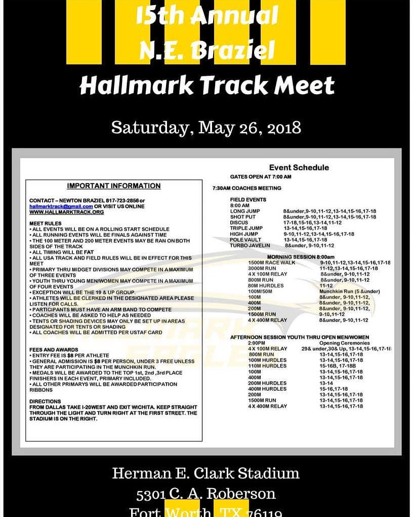 hallmarktrackfw's tweet photo. It's going down in Fort Worth on Saturday! Meet us at Clark Stadium for some exciting youth track and field competition. #hallmarktrack #hallmarkyouthassociation #usatfyouth #trackandfield #tracknation https://t.co/QvuimgXlzL