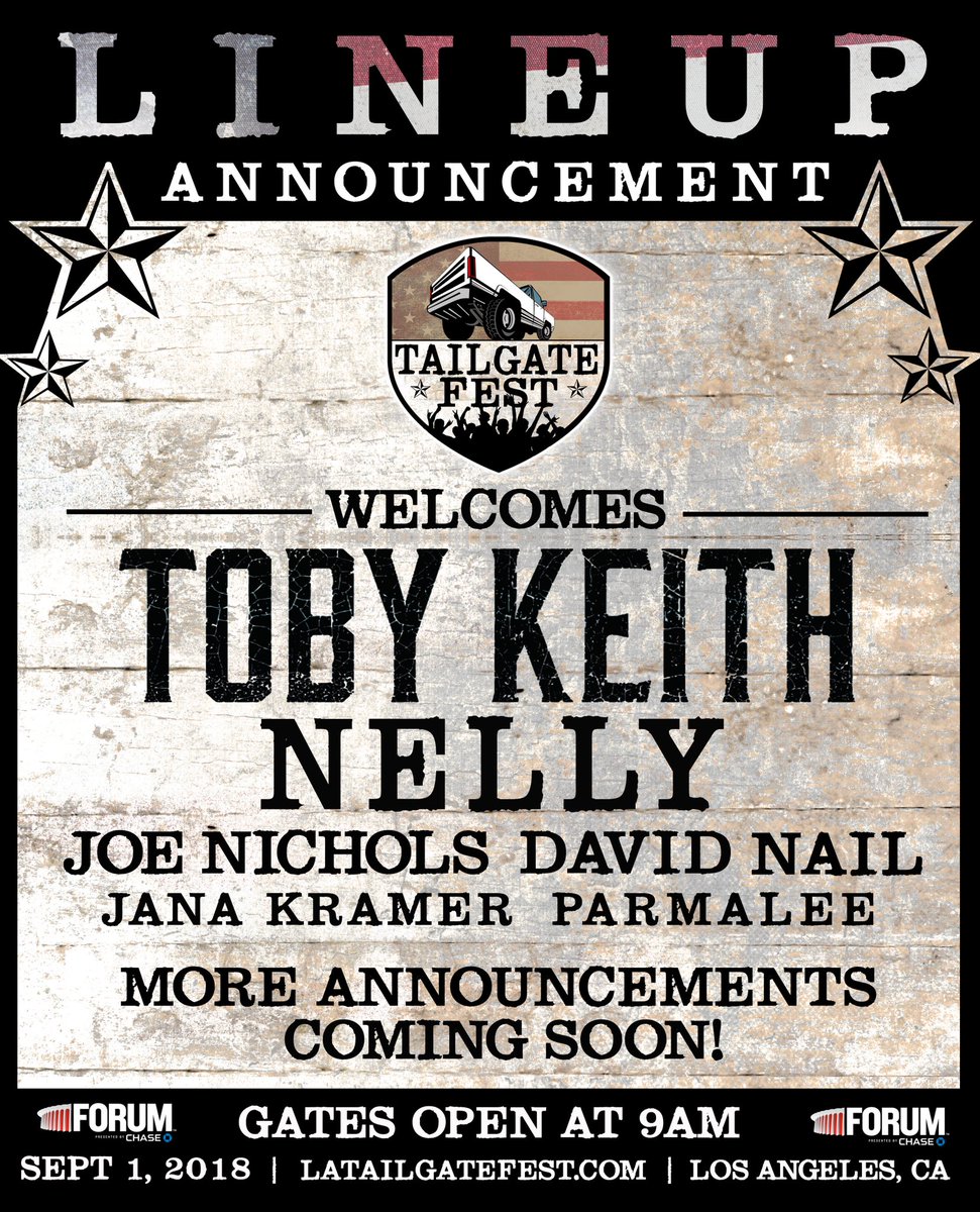 tailgate_fest's tweet photo. 🚨🚨 IT’S FINALLY HERE 🚨🚨
We’re kicking off the 1ST EVER Tailgate Fest this Labor Day Weekend w/ an ALL DAY tailgate party with headliner #TobyKeith and... 🥁🥁 performances from @Nelly_Mo @JoeNichols @davidnail @kramergirl and @parmalee !!! https://t.co/dT9eTQEvkO