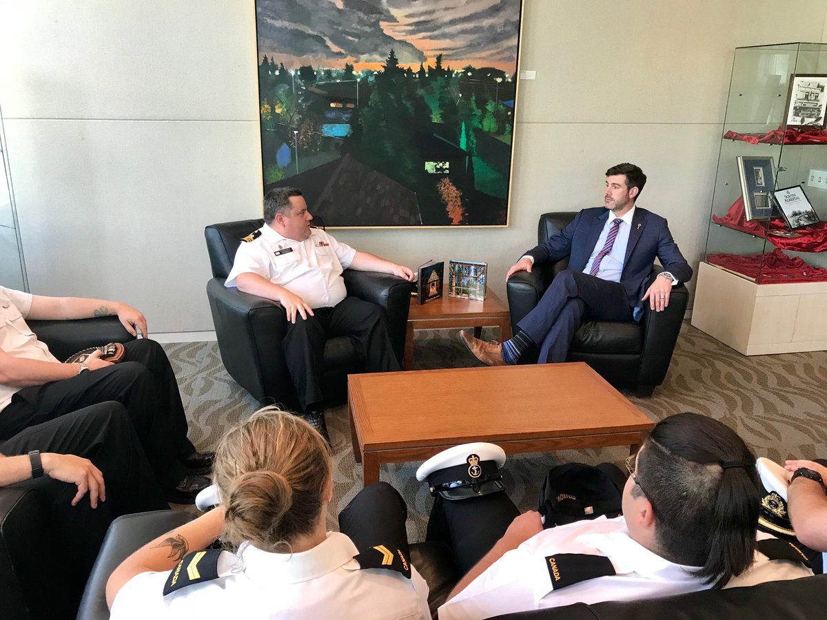 HMCS Edmonton dropped by City Hall, and visited with Mayor Iveson <a href="/doniveson/">Don Iveson</a> this afternoon.  Brought him up to speed on EDM’s very busy program this past year, and big things coming this fall.  Great to keep the relationship strong between the city and ship.  <a href="/CityHallSchool/">City Hall School</a>