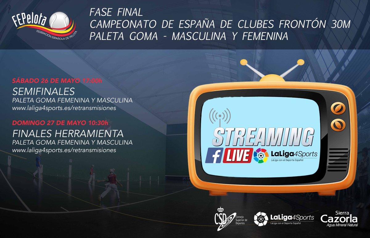 fepelota's tweet photo. STREAMING Campeonato de España de Clubes Frontón 30m de paleta Goma Masculina y Femenina desde Palencia, no te lo pierdas!!!
Sábado 26 de mayo 17:00h SEMIFINALES
Domingo 27 de mayo 10:30h FINALES
https://t.co/B0pzh5sccN #FEP30 https://t.co/EsucvNhOAj