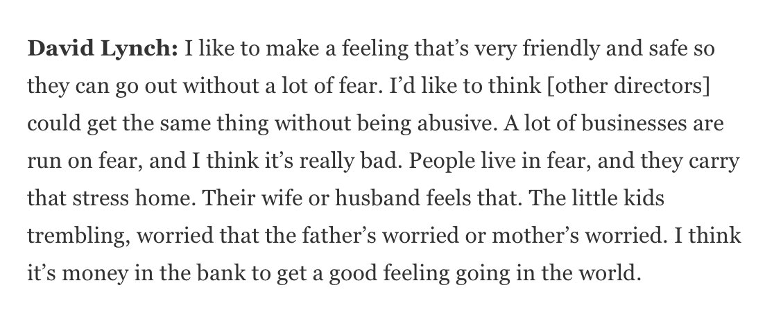 David Lynch on how anger, strife, and "difficult" people harm his industry and the creative process 🖤