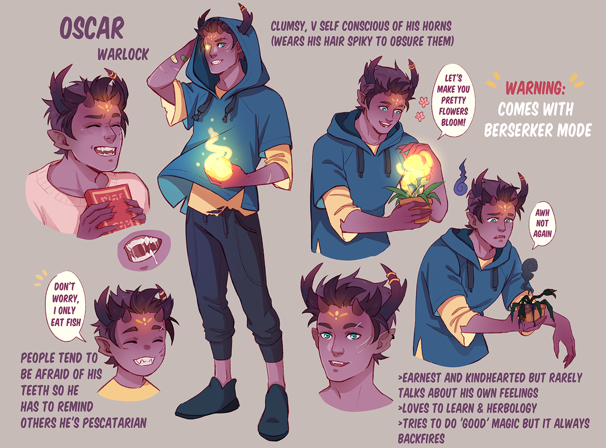 been tuning into monster prom lately (it's fantastic, all the banter and world building is 🙌🏻🙌🏻) and in true fashion....made an OC !!! This is Oscar, he's not very good w plants but his magic is generally top-knotch