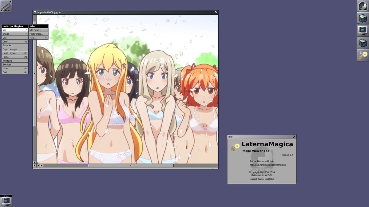 Pilviaika's tweet image. Ok, here is some more #GNUstep fun times. Probably the first-ever anime screenshot open in #LaternaMagica image viewer. I just have to comment that while GNUstep itself might be fairly mature framework, the GNUstep Application Project is nowhere near where it should be. #GAP