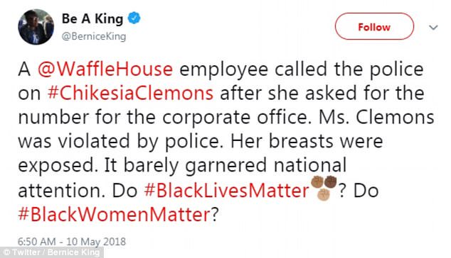 robinmcaldwell's tweet photo. April 22, 2018
@WaffleHouse #SaralandAlabama
@Alivymom_K was wrestled to the ground, choked by police called to apprehend her by the manager
#ChikesiaClemons was humiliated but unlike the two men at @Starbucks she has yet to receive an apology
#WeRefuse #DefendChikesia https://t.co/FPDhgXORfm