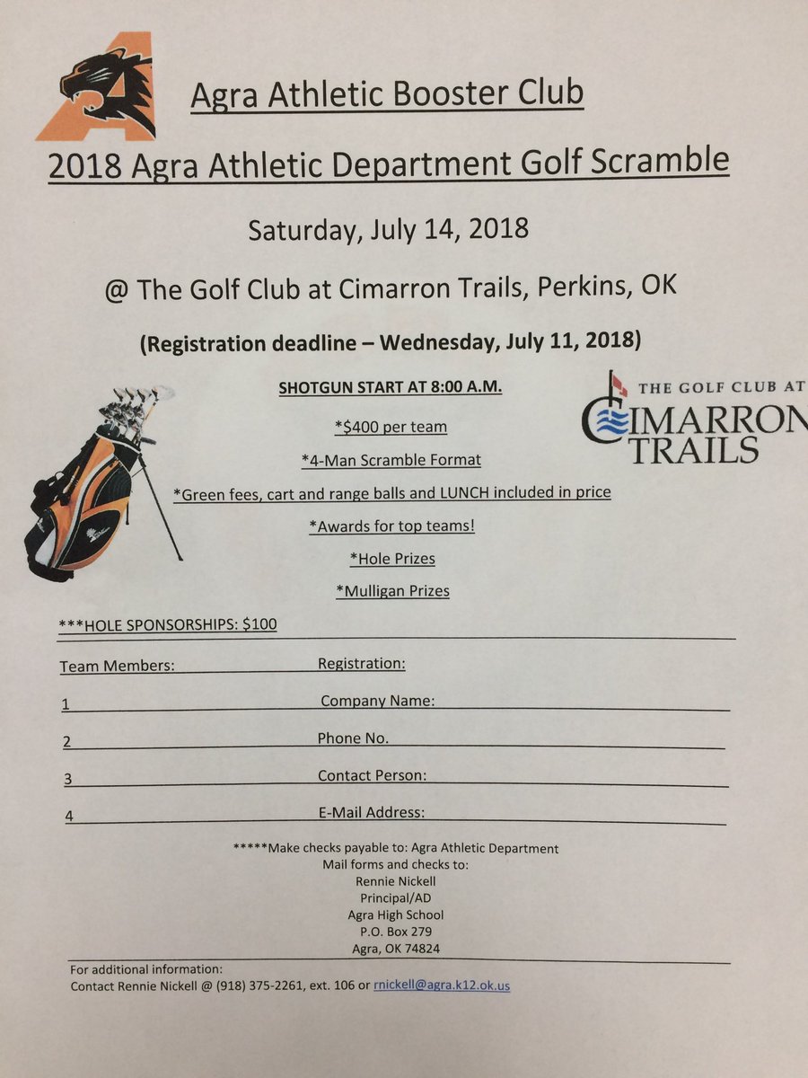 AgraHighSchool's tweet photo. July 14th is the day of the 2nd annual Agra Athletic Booster Club’s 2018 Agra Athletic Department Golf Scramble at The Golf Club at Cimarron Trails in Perkins! Get your teams together now or be a hole sponsor! https://t.co/8P5EWBkKg7