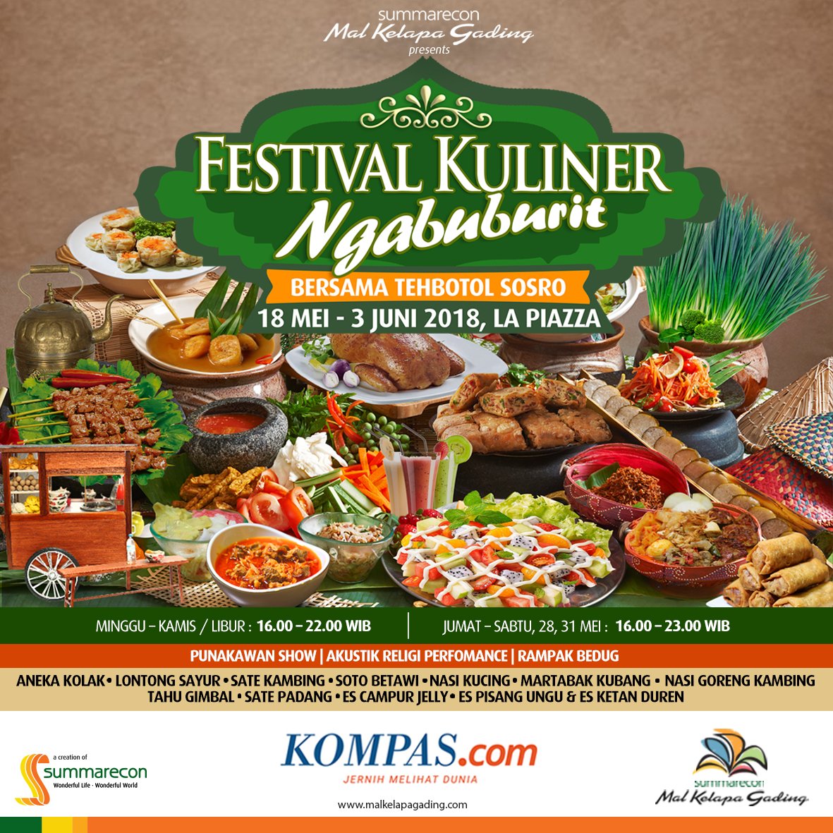 KompasTravel's tweet photo. Festival Kuliner Ngabuburit kembali hadir di @MKGLaPiazza untuk menemani waktu-waktu kamu berbuka puasa di Bulan Ramadhan, mulai 18 Mei - 3 Juni 2018. Yuk #NgabuburitdiLaPiazza. https://t.co/I4SDEvLd8W
