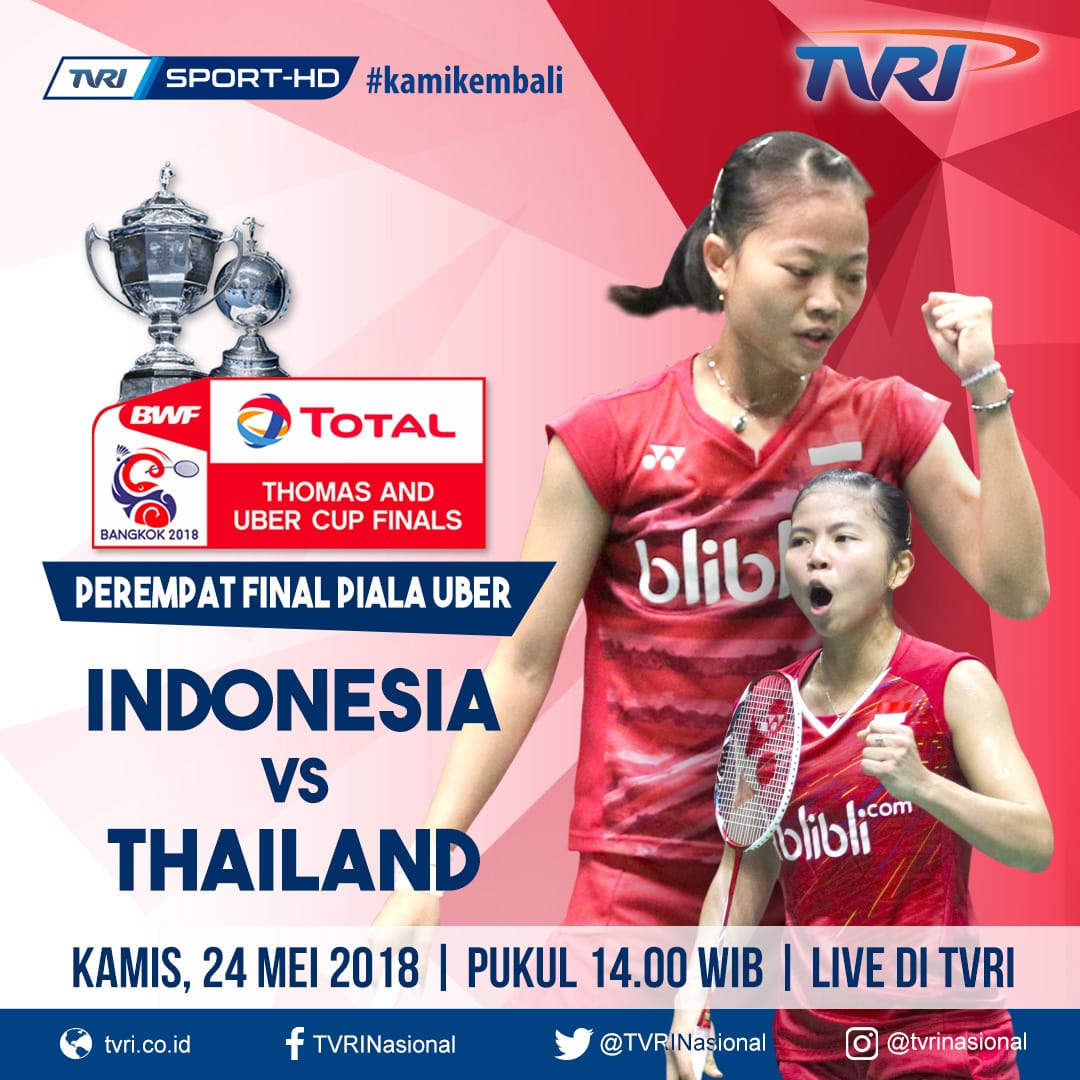 Sports_TVRI's tweet photo. SIANG INI terus dukung dan tonton Perjuangan tim Uber Indonesia melawan Thailand pukul 14.00 Wib LIVE TVRI #weflightback #TUC2018TVRI
https://t.co/3t9JzolGkF
