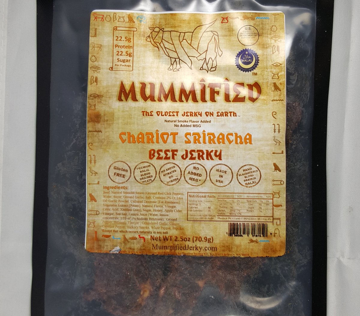 JerkyIngredient's tweet photo. Halal Mummified Jerky - Chariot Sriracha halal beef jerky review. https://t.co/yLB0a2iChY #halalmummifiedjerky #mummifiedjerky #beefjerky #jerky #jerkyingredients #jerkyreview #srirachajerky #srirachabeefjerky #sriracha #srirachasauce #halal #halaljerky @Halal_Jerky https://t.co/fOD6PkPp4T