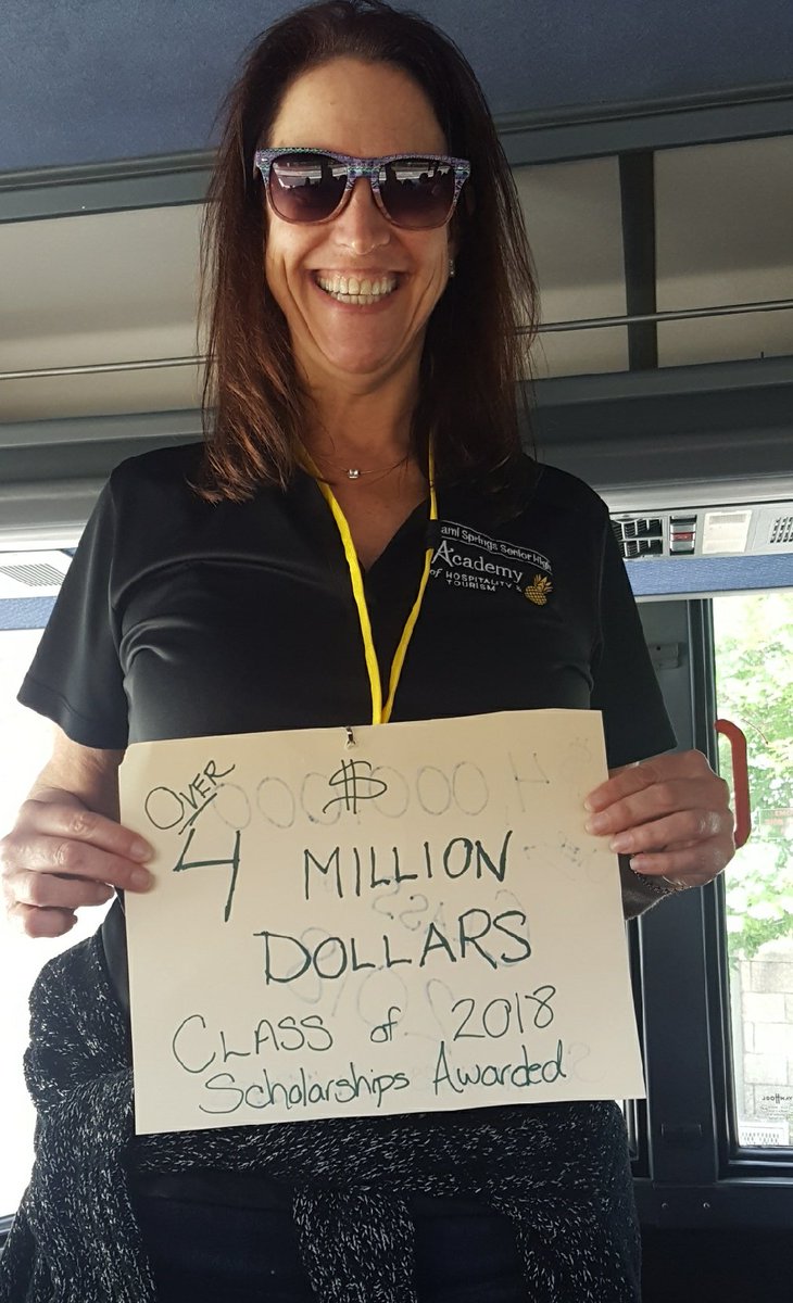 MiamiSpringsSHS's tweet photo. Our CAP Counselor Ms. Spivak proudly shows off how much scholarship money our 2018 Senior Class has been awarded! We Love You Ms. Spivak! Thanks for all your help! @MDCPS @StdtSvcsMDCPS @HawksHub @MDCPS @MiamiSpringsFL @SusieVCastillo @MiamiSup @MDCPSCentral https://t.co/krJIqvWdYO