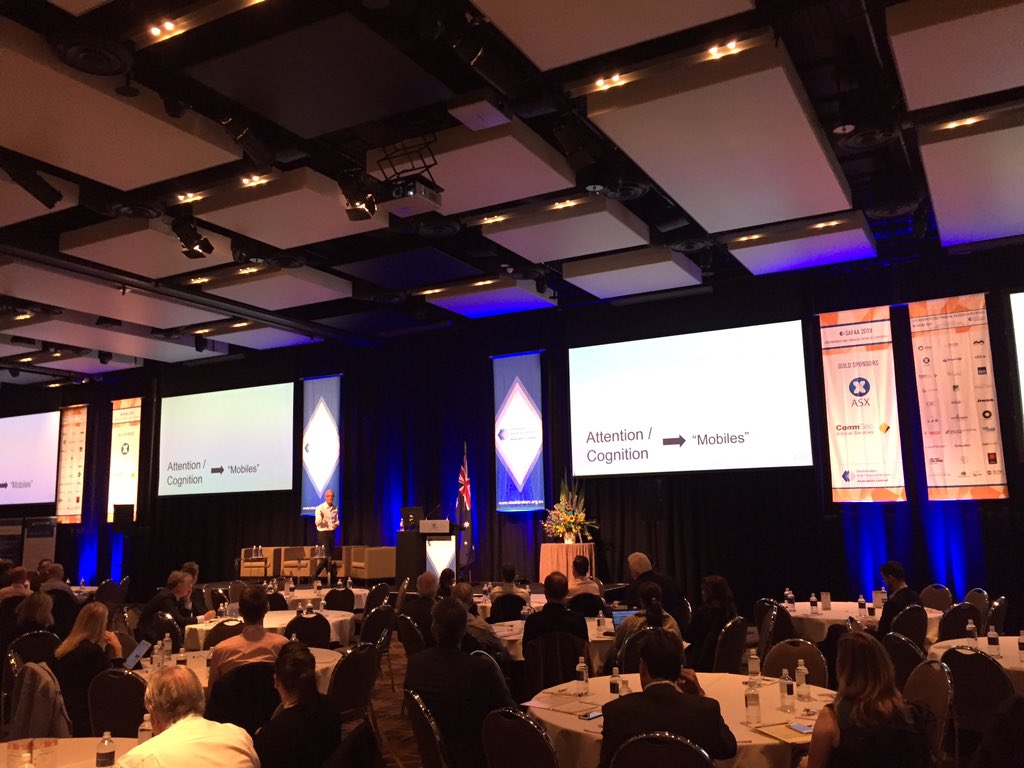 SIAAaust's tweet photo. 'Attentive cognition is inversely proportional to the distance between you and your mobile phone.' Kevin Bloch CTO Cisco #2018SAFAA https://t.co/pTQOZ9ZbDD