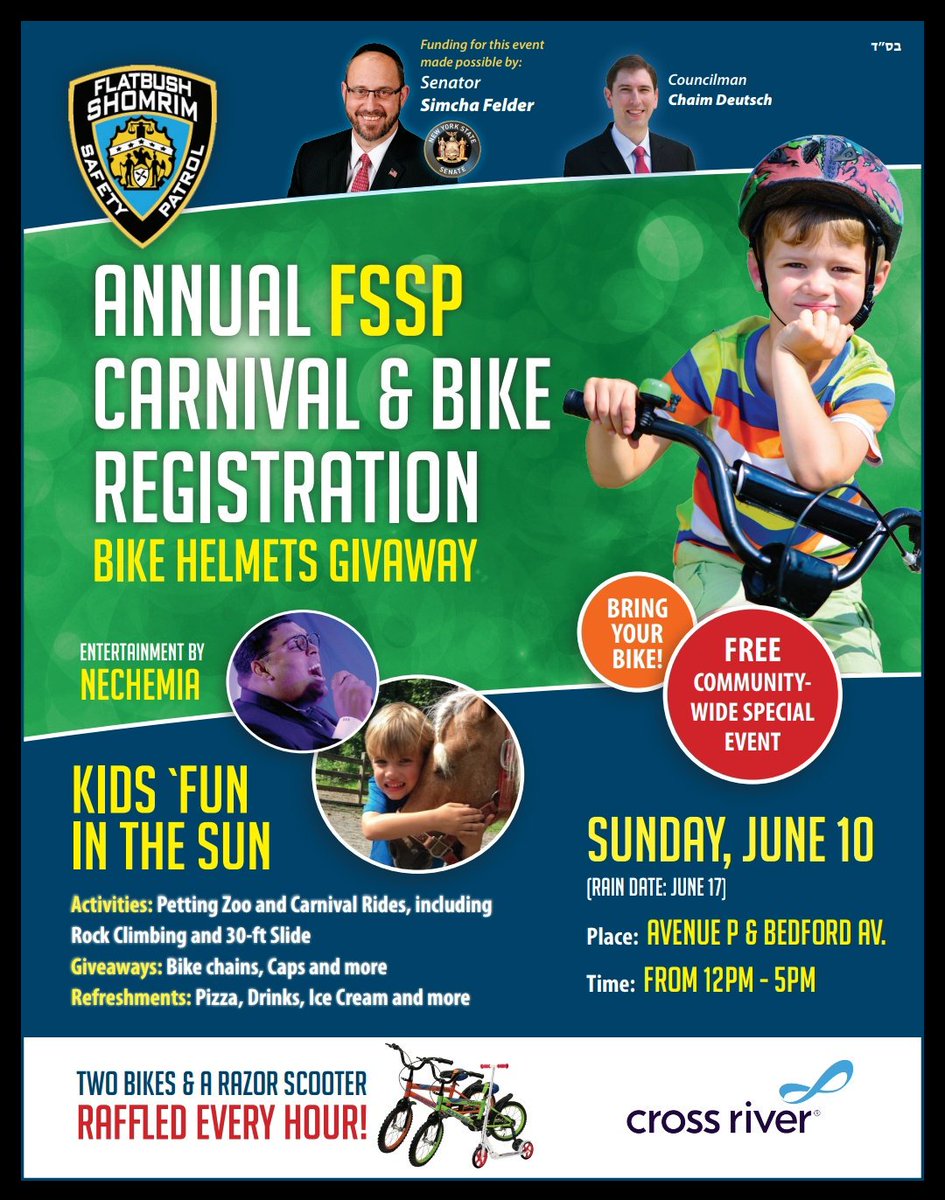 FlatbushShomrim's tweet photo. #SaveTheDate: Sunday June 10th is our annual #BikeRegistration and carnival event. Exciting rides, entertainment, refreshments, give-aways + much more- a #FunForTheFamily event you definitely won't want to miss. #SundayFunday #BeThereOrBeNoWhere https://t.co/JoKXPdTr1q