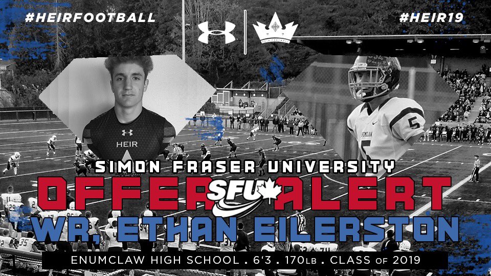 HeirFootball's tweet photo. 👑🚨OFFER ALERT🚨👑

Congrats to Enumclaw HS Wide Receiver @eilertsonethan1 on his FIRST scholarship offer from @SFUFootball 

#HeirFootball 👑 
#TrueNorthRising 🇨🇦

#Heir19 https://t.co/nwtE8Rheou