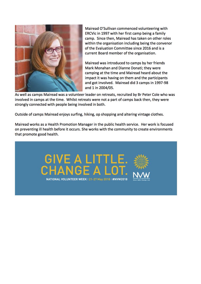 As a volunteer driven organisation, we are keen to showcase the various ways people get involved here at ERCVic during National Volunteer Week.  <a href="/Mairead_OS/">Mairead O'Sullivan</a> like so many others is one of the quiet achievers of this organisation #NVW2018 #Volunteering #ERCVic