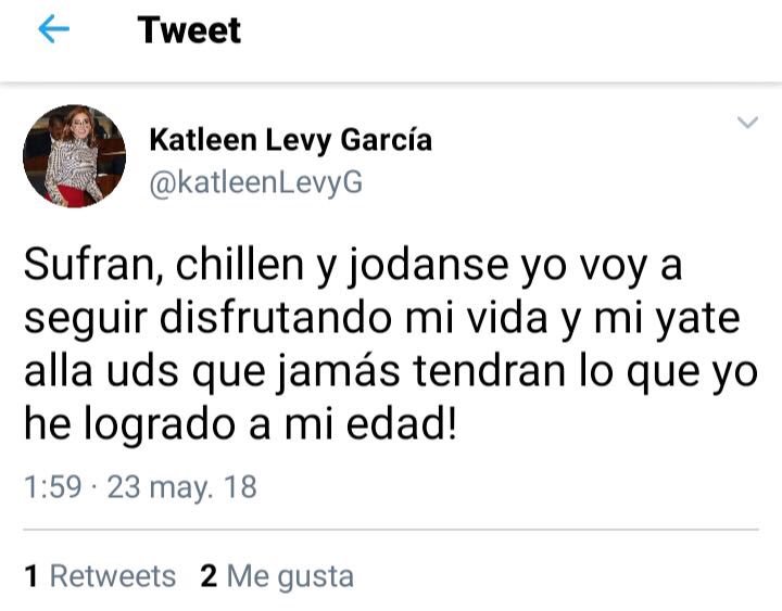 KatleenLevyG's tweet photo. Vuelve y traba ... anda un tweet rondando por ahí ... que es TOTALMENTE FALSO...! 

Yo no tengo yate ni pretendo tener yate un resentido inventa y salen a replicar .... yo pido prestado o alquilo o pago cuota cuando son fiesta de amistades ...! https://t.co/XAh7U8Eq1d
