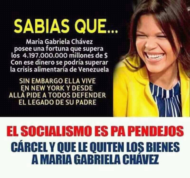 MayVenezolana's tweet photo. .@marcorubio  Sería JUSTICIA sancionar a María Gabriela Chávez,  poseedora de  una fortuna mayor a 4.2 Billones de dólares cuyos orígenes son turbios. Hija de Chávez es la mujer más rica del país, mira de cuánto es su fortuna. Deberían congelar sus cuentas https://t.co/5WARlWgG2K