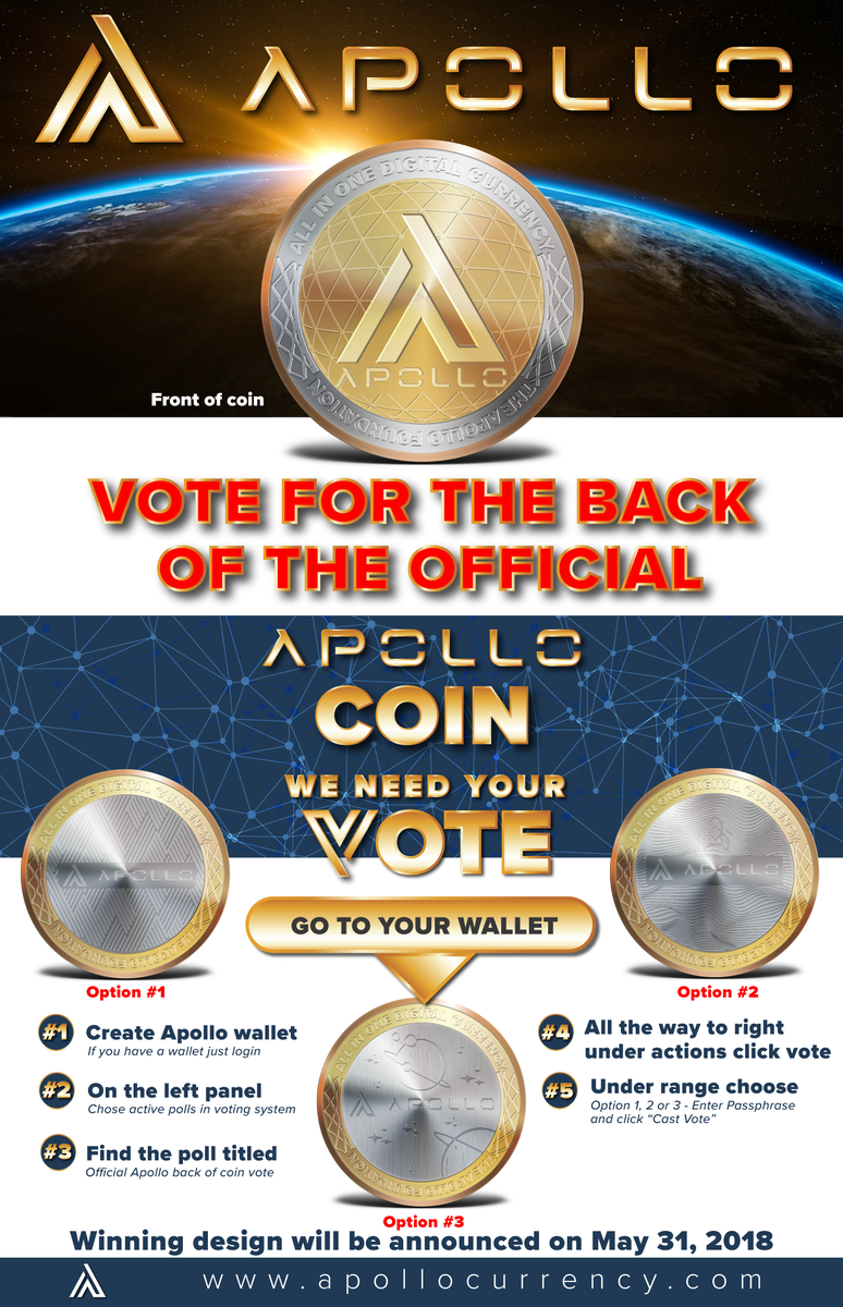 ApolloCurrency's tweet photo. ***Official Apollo Vote*** Using our voting system feature built into our wallet. #apollonauts make your vote count. Which option for the back of the official Apollo coin do you like? #changethegame
#apl #crypto #coin #currency #apollocurrency #apollo #olympusprotocol https://t.co/2k00Ywb8mA