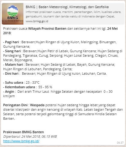 hkb_26april's tweet photo. #YukKitaPetakan : Sobat Mapper, bagi kalian yang pingin tau informasi prakiraan cuaca wilayah Provinsi Banten (24 Mai 2018),ini dari sumber resmi @infoBMKG #InfoCuaca #Banten @BPBD_Kab_Serang  #mappingCompetition2018
#MappingParty2018
#MappingForHumanity
@ddbanten @alambanten https://t.co/6BBgjZ0bP6