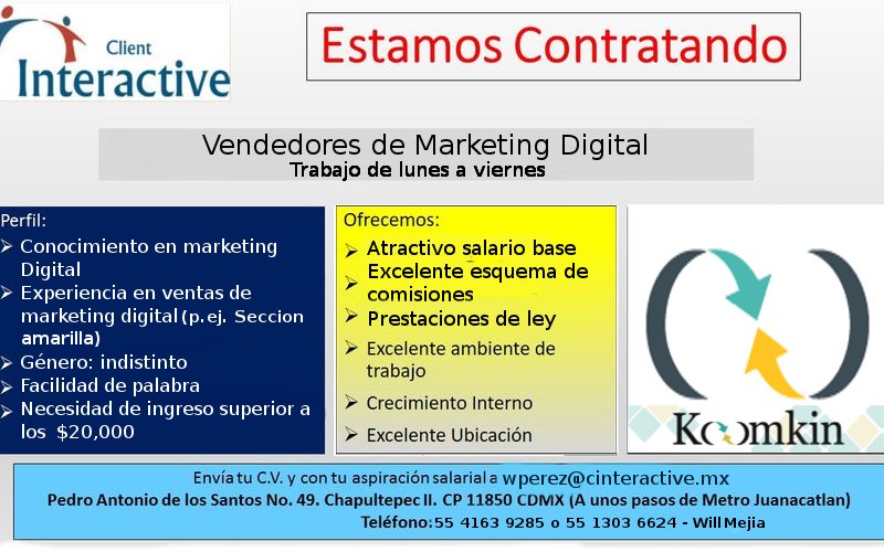 CInteractive10's tweet image. Asiste sin cita previa
- Marketing Digital:
(Experiencia Marketing Digital, Ingresos superiores a $20mil Mes, L. a V.
- Ventas Tarjeta de Crédito
(Experiencia Venta Call Center 4 meses, L. a V.)
- Portabilidad
(Experiencia Call Center 4 meses, Atractivo esquema de comisiones)