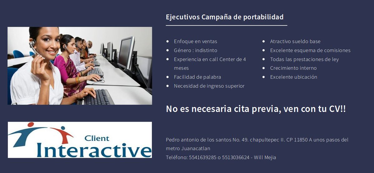 CInteractive10's tweet image. Asiste sin cita previa
- Marketing Digital:
(Experiencia Marketing Digital, Ingresos superiores a $20mil Mes, L. a V.
- Ventas Tarjeta de Crédito
(Experiencia Venta Call Center 4 meses, L. a V.)
- Portabilidad
(Experiencia Call Center 4 meses, Atractivo esquema de comisiones)