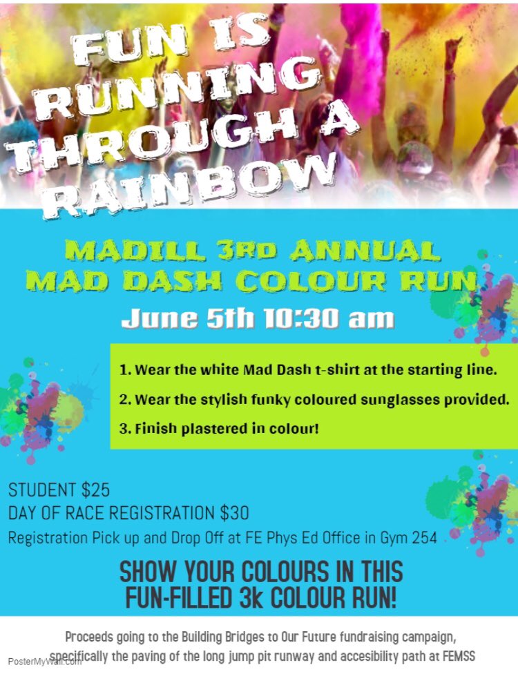 femadillss's tweet photo. Students! Sign up for the 3rd annual Colour Run. Proceeds toward long jump runway and accessibility path paving. https://t.co/LHVQOPtP5L