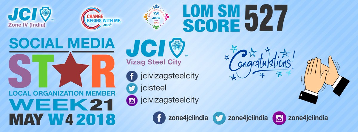 zone4jciindia's tweet photo. #JCI #JCIIndia #Zone4JCIIndia #ChangeBeginsWithMe #IM4U #SocialMedia #AndhraPradesh

Congratulations to @JciSteel for being the Social Media Star LOM for Week 21 from Zone IV, JCI India https://t.co/X0nMHVmq7H