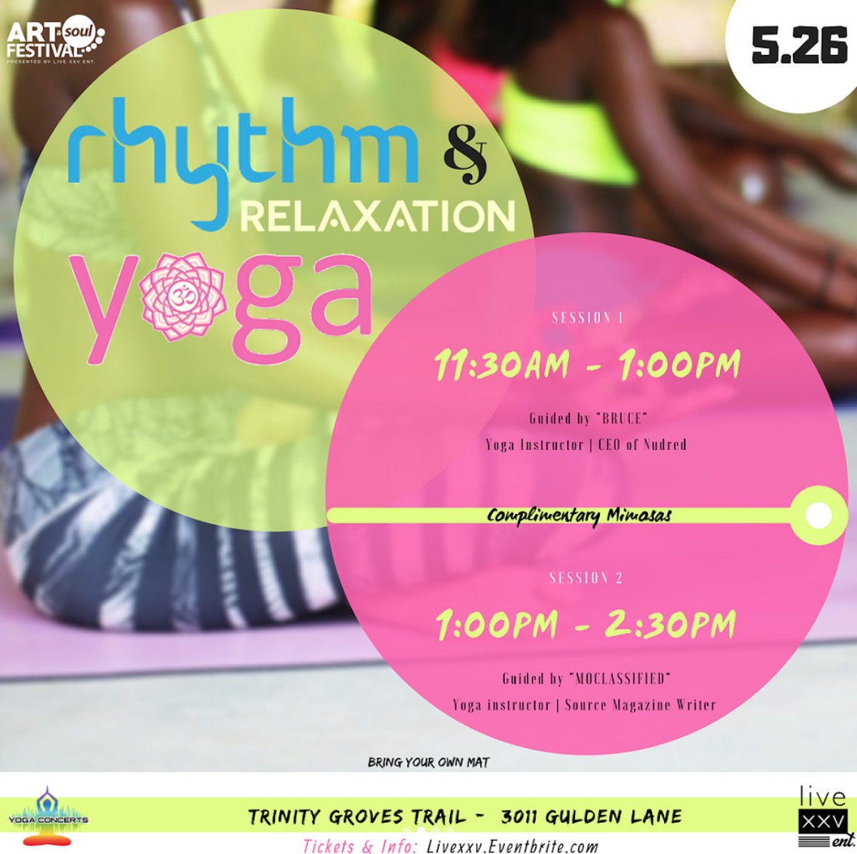 LiveXXVent's tweet photo. Join us SATURDAY for FREE MIMOSAS at our YOGA SESSIONS #rhythmandrelaxation at Trinity Groves Trails! ☯️ Two Sessions Available! Featuring Yoga instructors @moclassified and @nuyouwithbruce #liveasf https://t.co/byORmFsfIO