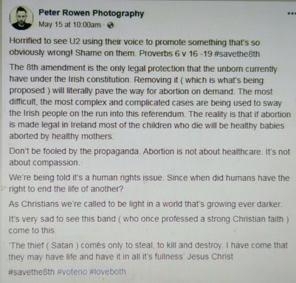 1TruthAndGrace's tweet photo. #PeterRowen #Irish 🇮🇪Photographer
#Dublin, artists horrified by #U2 abortion advocacy https://t.co/PhZ7WmMiQz via @worldnetdaily #WND #Savethe8th🙏#VoteNoAbortion👶#LifeNews https://t.co/3FsWWDo4yg