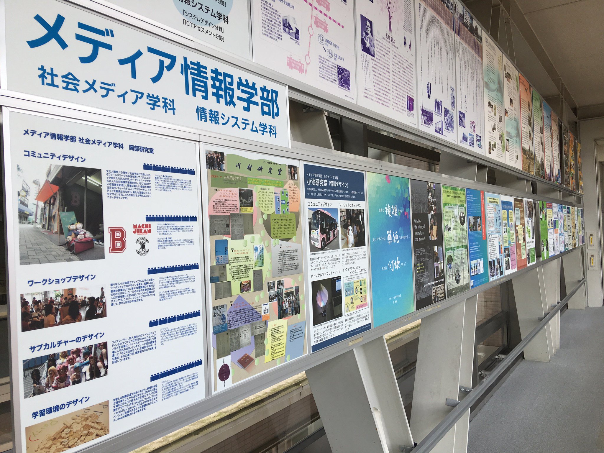 東京都市大学メディア情報学部 V Twitter 都市大 の 横浜キャンパス の3号館と4号館を結ぶ渡り廊下には メディア情報学部 社会メディア学科 と 情報システム学科 の先生方が作られた個性あふれる研究室紹介パネルが展示されています オープン