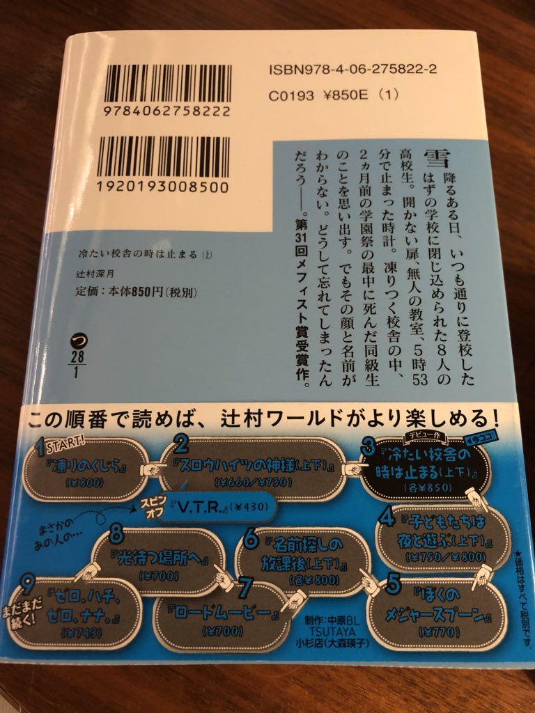 Sad Day 辻村深月 さん本屋大賞を取ってからデビュー作の 冷たい校舎の時は止まる の文庫帯が変わって 読む順 が付いてるけどこの順番は明らかにおかしいんよなあ なんで スロウハイツ から 冷たい なんやろ 凍りのくじら スタートは