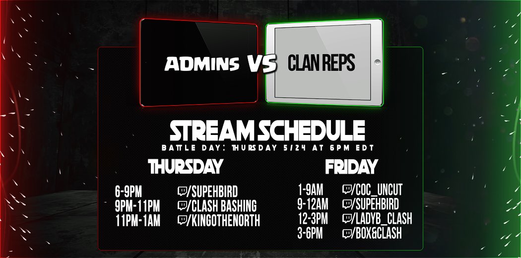 MinerLeagueCW's tweet image. MLCW is very proud to announce this week’s absolutely STACKED stream schedule for our Admins vs Reps war! We have 24 hour stream coverage of this epic 50v50 smackdown and it’s gonna be lit 🔥 Let’s get ready to rumble! 💪 @ClashofClans @supercell