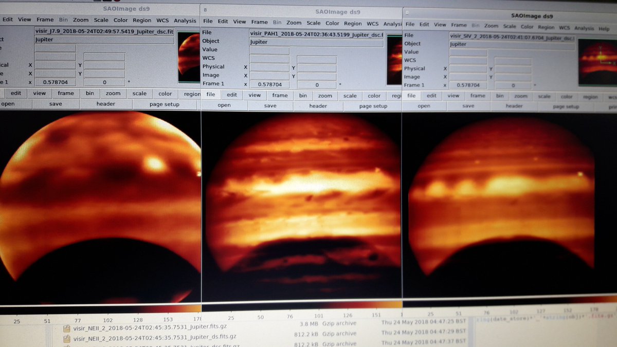 LeighFletcher's tweet photo. Jupiter data streaming in to UT3/Melipal - we're seeing a very narrow North Equatorial Belt, bright southern auroral heating, and a weird isolated stratospheric hotspot in the north... Juno's perijove longitude is 70mins away.... https://t.co/P1gDZK8uCh
