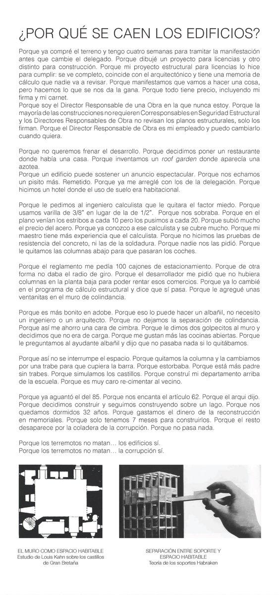 3wilio's tweet photo. ¿POR QUÉ SE CAEN LOS EDIFICIOS?

Texto para nuestra contra-propuesta al #Memorial19s 
@3ARCH 
@FranciscoVSB 
Alonso Leonides
Julián Barone
@vicpolar 
@fermin_andradej 
Juan Carlos Cano https://t.co/cJyk0RqVMN