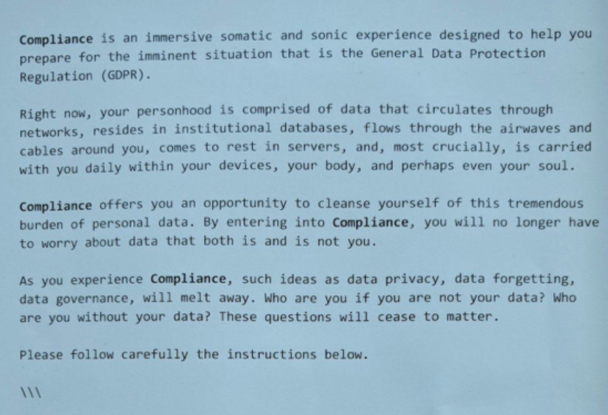 ethosITU's tweet photo. "Compliance" is an immersive somatic and sonic experience designed to help you prepare for the imminent situation that is the General Data Protection Regulation (#ethosGDPR )... https://t.co/s1i1TOANfu