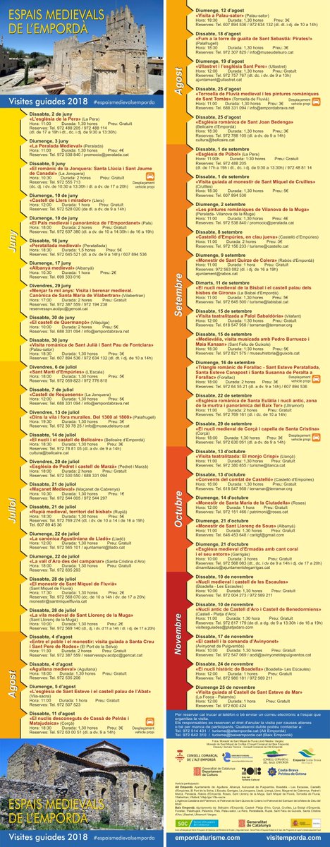 baixemporda_tur's tweet photo. Ja tenim el nou calendari d’Espais Medievals de l’Empordà 2018! 📆🔝
S’han programat un total de 51 propostes de visites guiades.
Anticipeu-vos i no us quedeu sense, ja que hi ha places limitades!
#visitemporda #emporda #baixemporda #espaismedievalsemporda
https://t.co/8uj0FLTR5o https://t.co/GZHHMt0OUo
