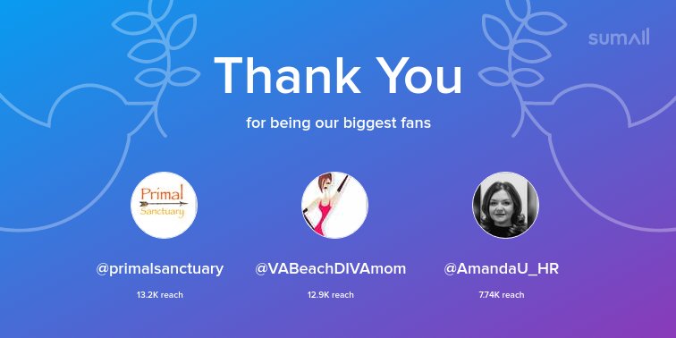 Our biggest fans this week: @primalsanctuary, @VABeachDIVAmom, @AmandaU_HR. Thank you! via sumall.com/thankyou?utm_s…