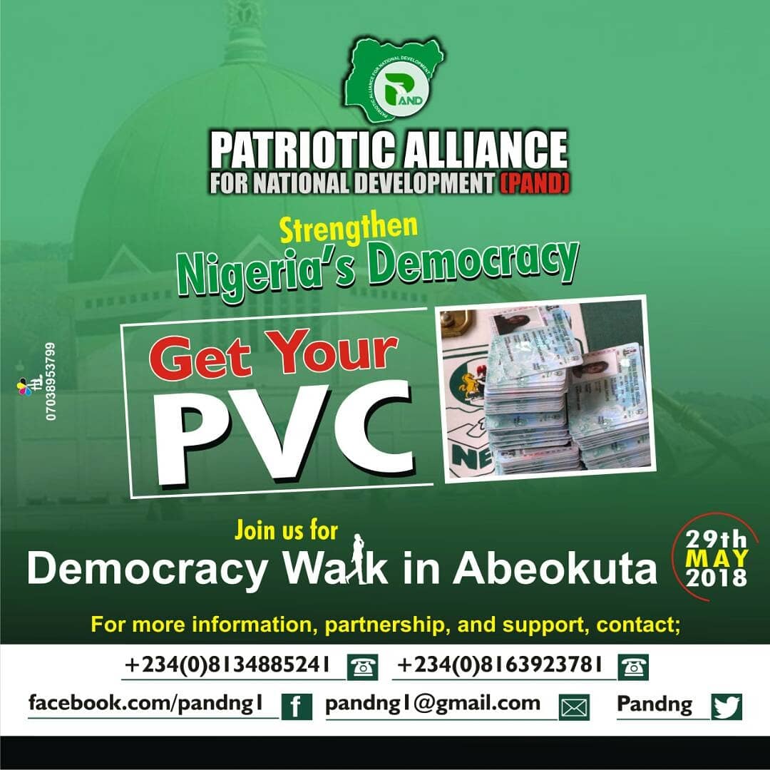themoshoodm's tweet photo. By this design, many have been motivated to register for PVC. That's who we are at @PandNg. Impact is key to every of our activity. Join us as we engage people of Abeokuta on May 29. #DemocracyDayWalk #PAND #Standwith9ja #Nigeria @IbiangGodwin @Sharpman_Tobi @AdekunleDIsrael https://t.co/Fu1qOFEOdl