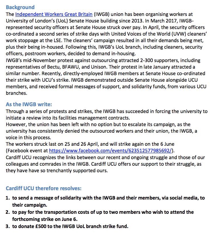 CardiffUCU's tweet photo. Yesterday @CardiffUCU passed a motion in support of @IWGBunion @IWGBUoL workers fighting for decent conditions & basic rights at work.
You had our backs during the #USSstrike; we’ve got yours now. https://t.co/HiS4O2Ed4M