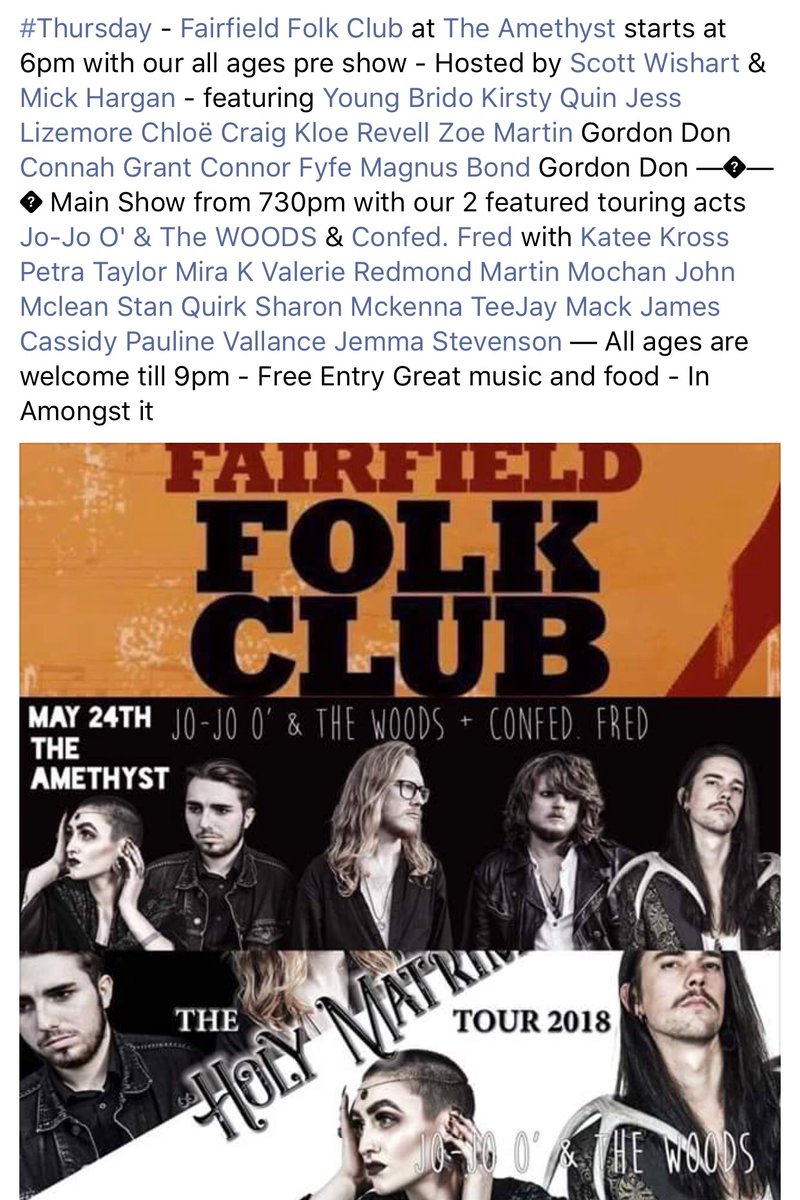 #Thursday Free Entry Live music night is back tonight at <a href="/theam/">TheaM</a> with a stacked and serious line up from 6pm. Not One but two touring acts tonight with @jojoOandwoodsy &amp; <a href="/ConfedFred/">Confed. Fred</a>