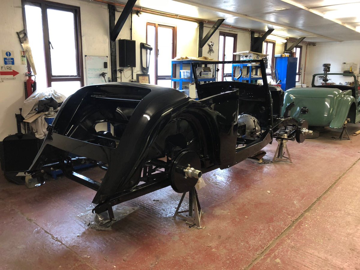 The body of this 1938 SS Jaguar 3.5 litre DHC has been painted in its original colour and fitted back on its chassis! #britishcraftsmanship #Jaguar #classiccars #vintagecar #workshop #cars