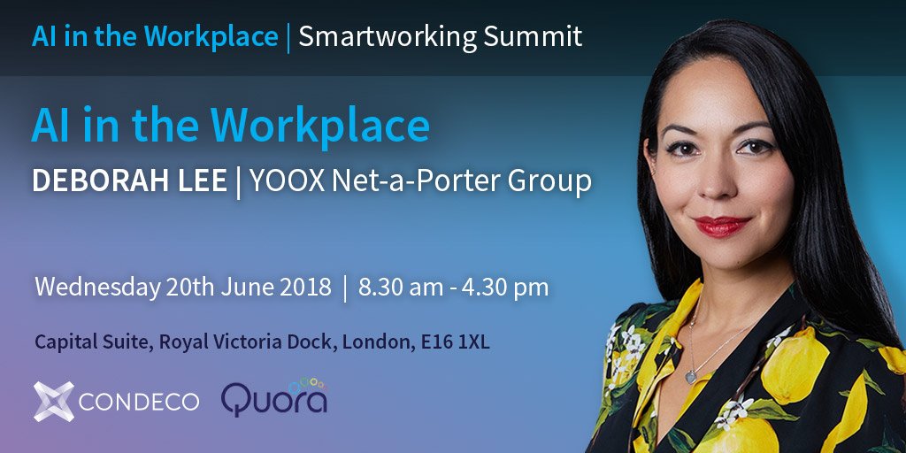 CondecoUK's tweet photo. Deborah Lee, Chief People officer at YOOX @NETAPORTER discussing the changing nature of work @QuoraConsulting “Smartworking Summit” #NoPowerPoints https://t.co/6qv9S8HyMx https://t.co/HPJCFpEFWD