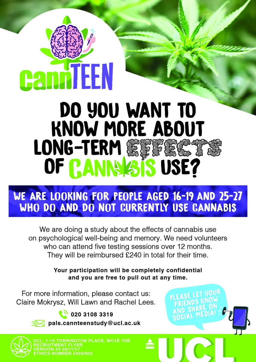 .<a href="/UCL_CPU/">UCL CPU</a> are looking for London-based males aged 25-27 to take part in an exciting cannabis study! Especially interested in males with minimal cannabis use history. Interested participants please email on: pals.cannteenstudy@ucl.ac.uk