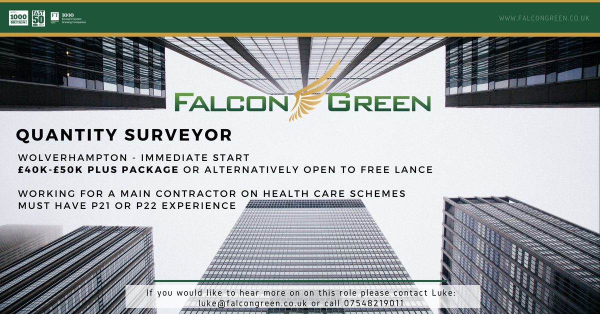 We are currently recruiting a Quantity Surveyor for an award winning contractor in the Midlands. Please get in touch with Luke Fox : Luke@falcongreen.co.uk for more. #qs #Construction #Birmingham #FalconGreenUK