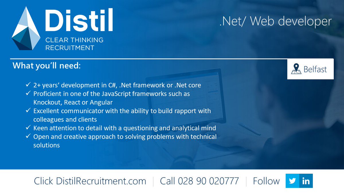 Distil752's tweet image. We have a .Net #Webapplicationdeveloper role
With a great company in #Belfast. #Competitivesalary on offer
Can view and apply for the job via our website here distilrecruitment.com/job/net-web-de… …
PM/ e-mail me on pbingham@distilrecruitment.com or call our office on 02890020777 for info