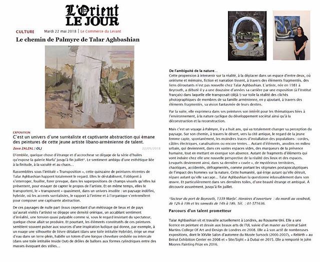 Marfaprojects's tweet photo. Beautiful review of Talar’s exhibition in L’Orient Le Jour; Merci Zena Zalzal! 
#article #review #newspaper #lorientlejour #talaraghbashian #art #exhibition #paintings #gallery #beirut #marfaprojects https://t.co/DdiDALH8tK