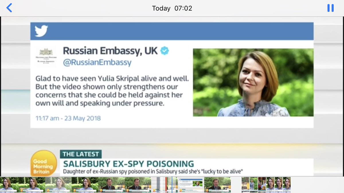 richardgaisford's tweet image. Thanks but no thanks. #YuliaSkripal declines attempts by Russian Embassy in U.K. to help and contact her. Video shows her making recovery from “attempted assassination” by #NerveAgent in March. #Salisbury too on the mend - decontamination nearly complete at site of bench. @GMB