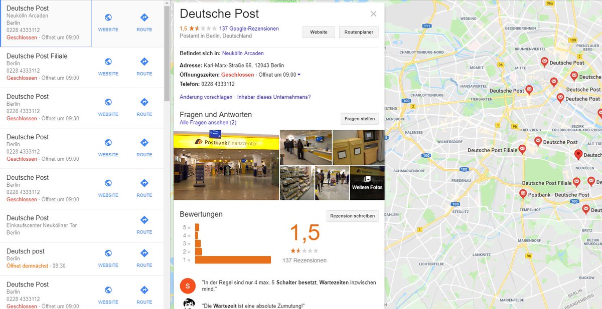 pip_net's tweet photo. Wer sich fragt, warum @Amazon mit an Sicherheit grenzender Wahrscheinlichkeit der dominante Player auf der #LastMile werden wird: Unter anderem weil viele Post Filialen in Großstädten aus Hunderten von Reviews im Schnitt bei 1,x von 5⭐landen. https://t.co/TRVKKU674P